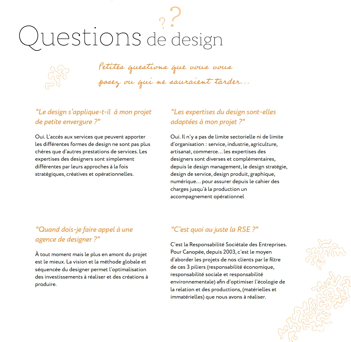 Section « Une agence pas comme les autres » de la page d'accueil Canopée, avec décors en traits orangés positionnés en diagonale derrière les titres manuscrits et le texte
