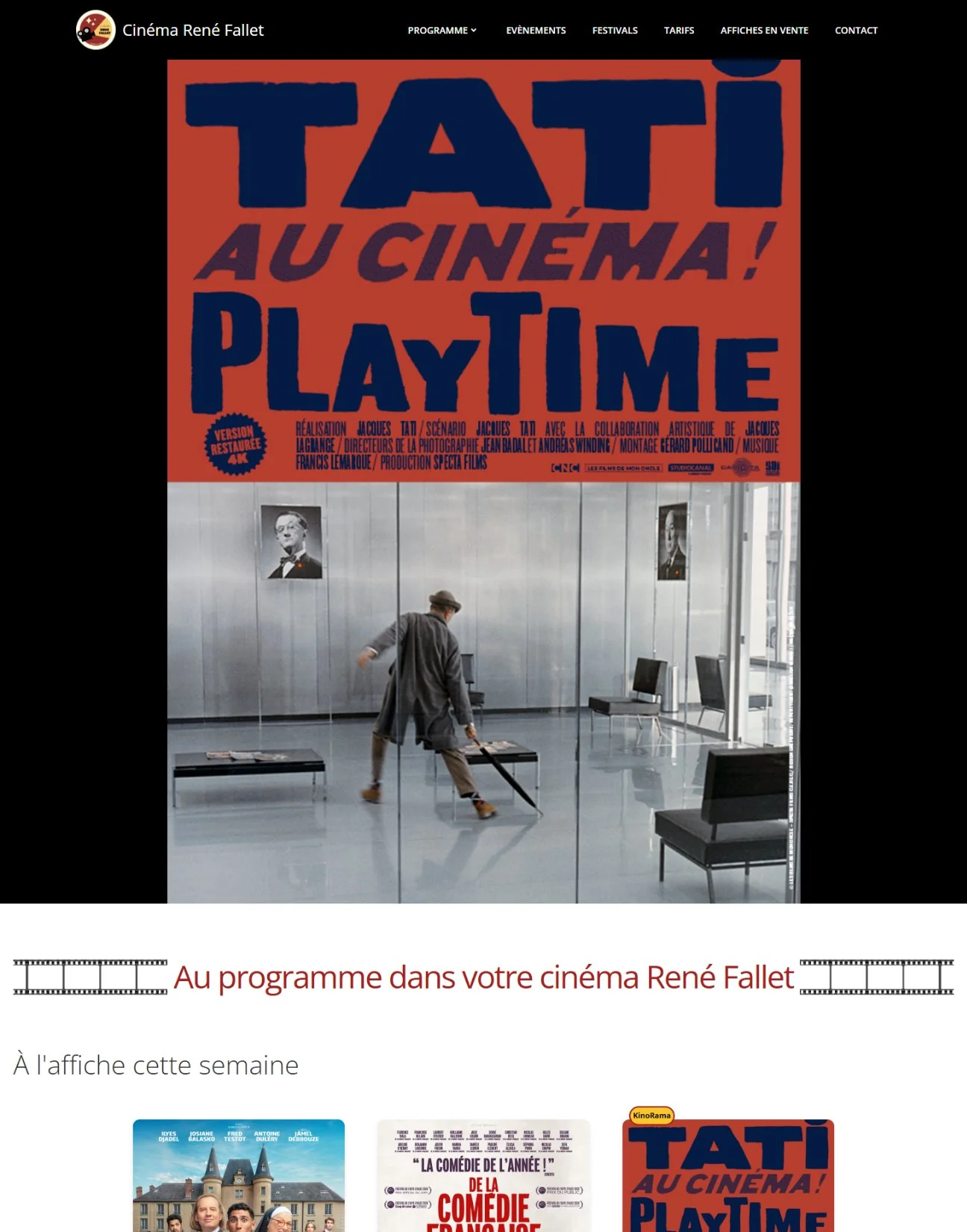 Page d'accueil du site du Cinéma René Fallet avec les films à l'affiche cette semaine et la rubrique Prochainement
