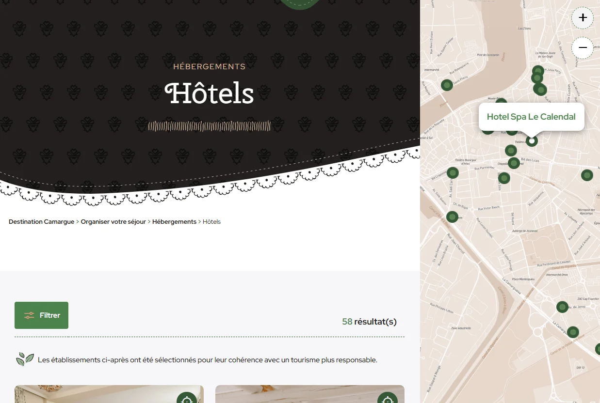 Carte compacte sur la page catégorie Hôtels, au survol du marqueur le nom Hotel Spa Le Calendal apparaît