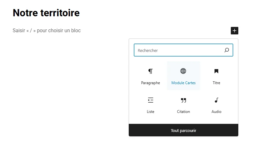 Inserteur de blocs WordPress ouvert, avec le bloc « Module Cartes » sélectionné parmi les blocs disponibles