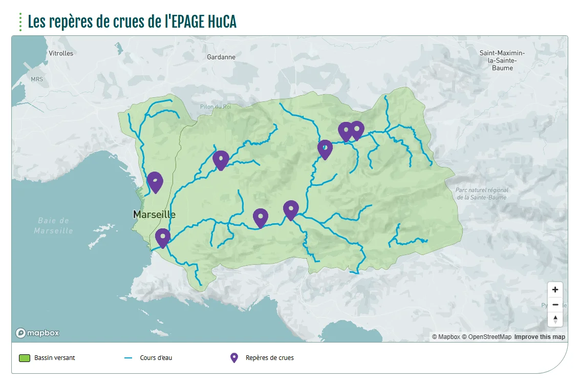 Carte interactive affichant les repères de crues de l'EPAGE HuCA avec le bassin versant, les cours d'eau et la légende complète