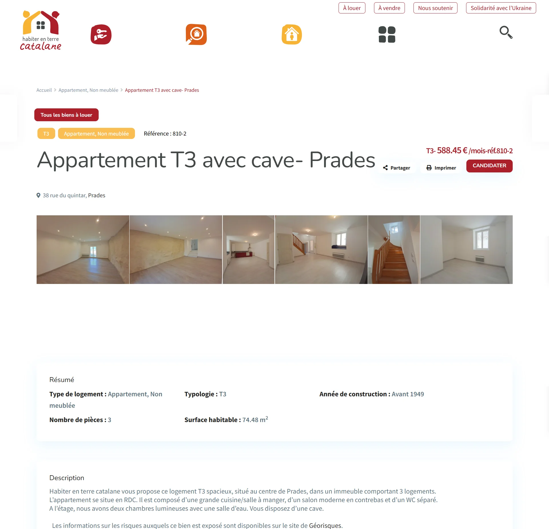 Fiche d'un appartement T3 à Prades, avec la galerie de photos et le résumé du logement