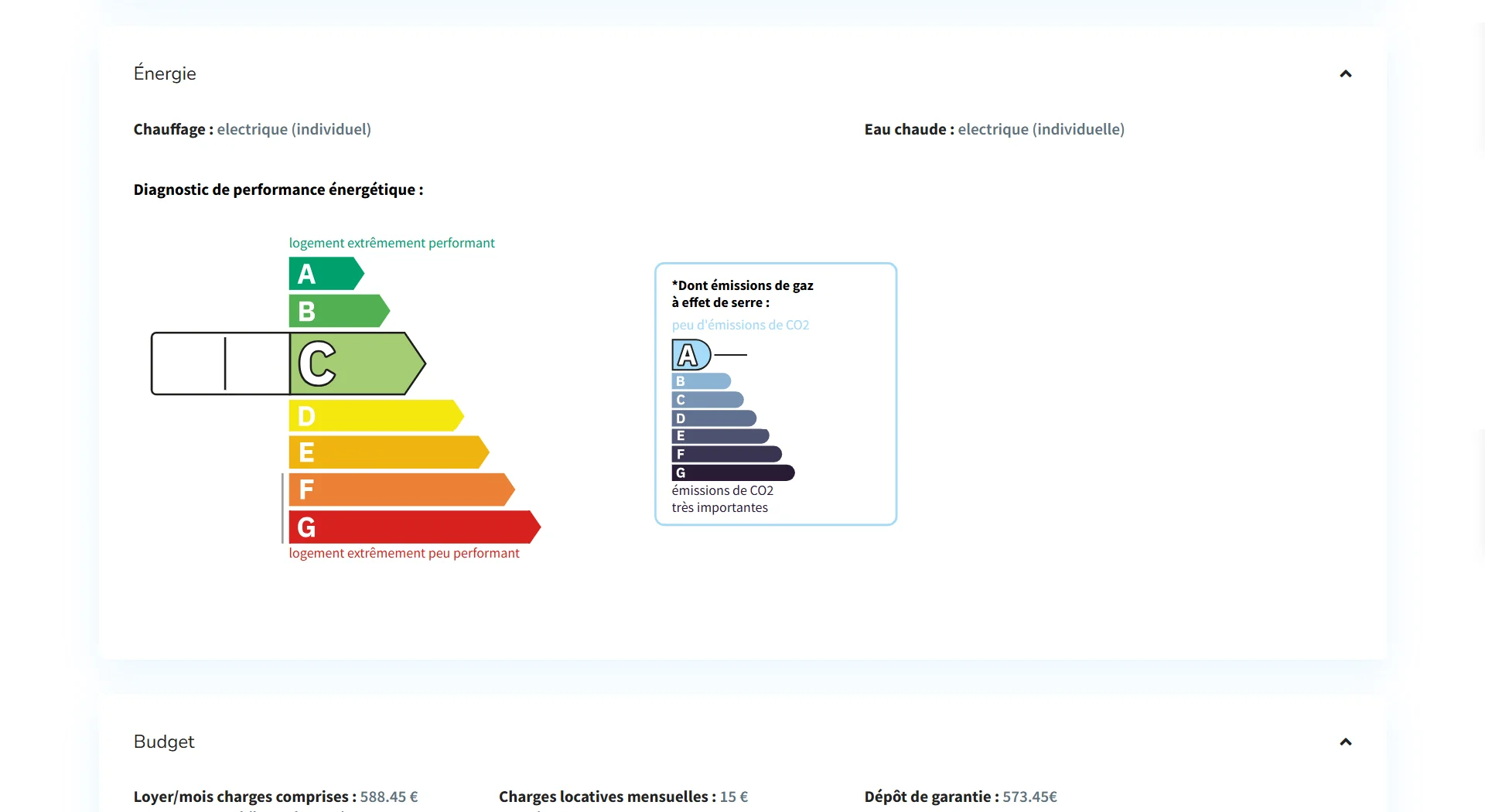 Bloc énergie de la fiche logement, avec le diagnostic de performance énergétique de A à G