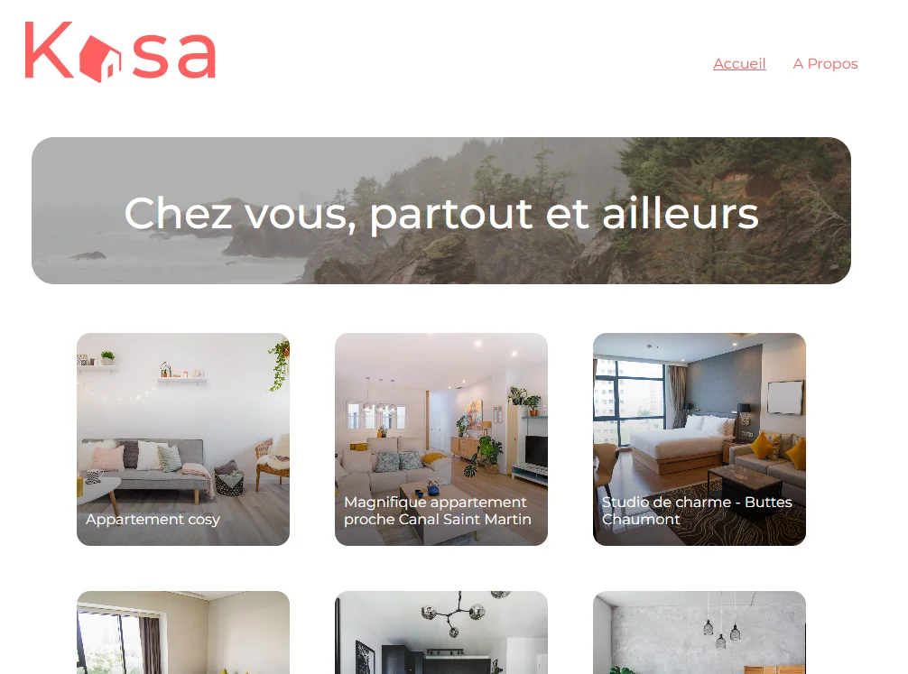 Page d'accueil de Kasa avec la bannière « Chez vous, partout et ailleurs » et les premières cartes de logements affichées en grille