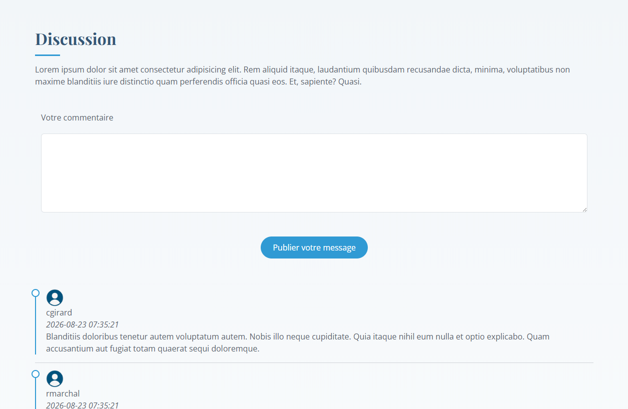 zoom sur l'espace de discussion une fois connecté avec un champs texte Votre Commentaire et un bouton Publier votre message