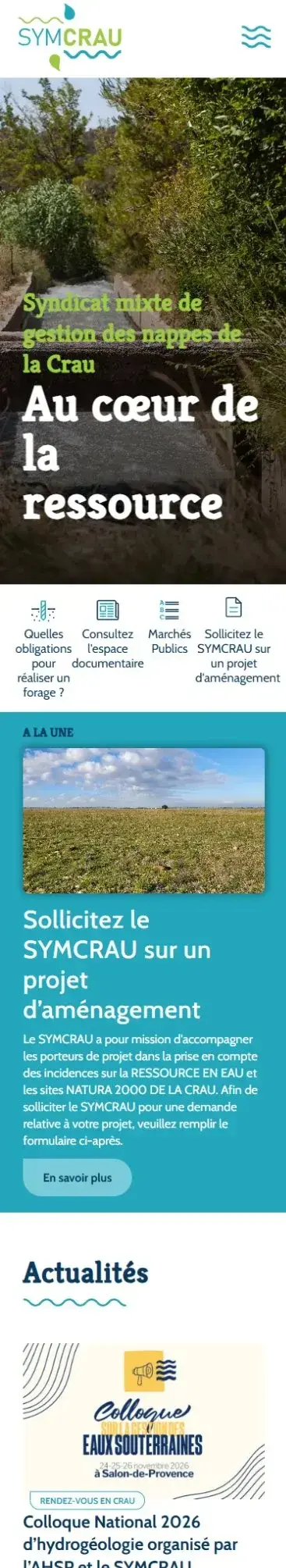 Page d'accueil du site SYMCRAU en version mobile, mise en page adaptée en une colonne
