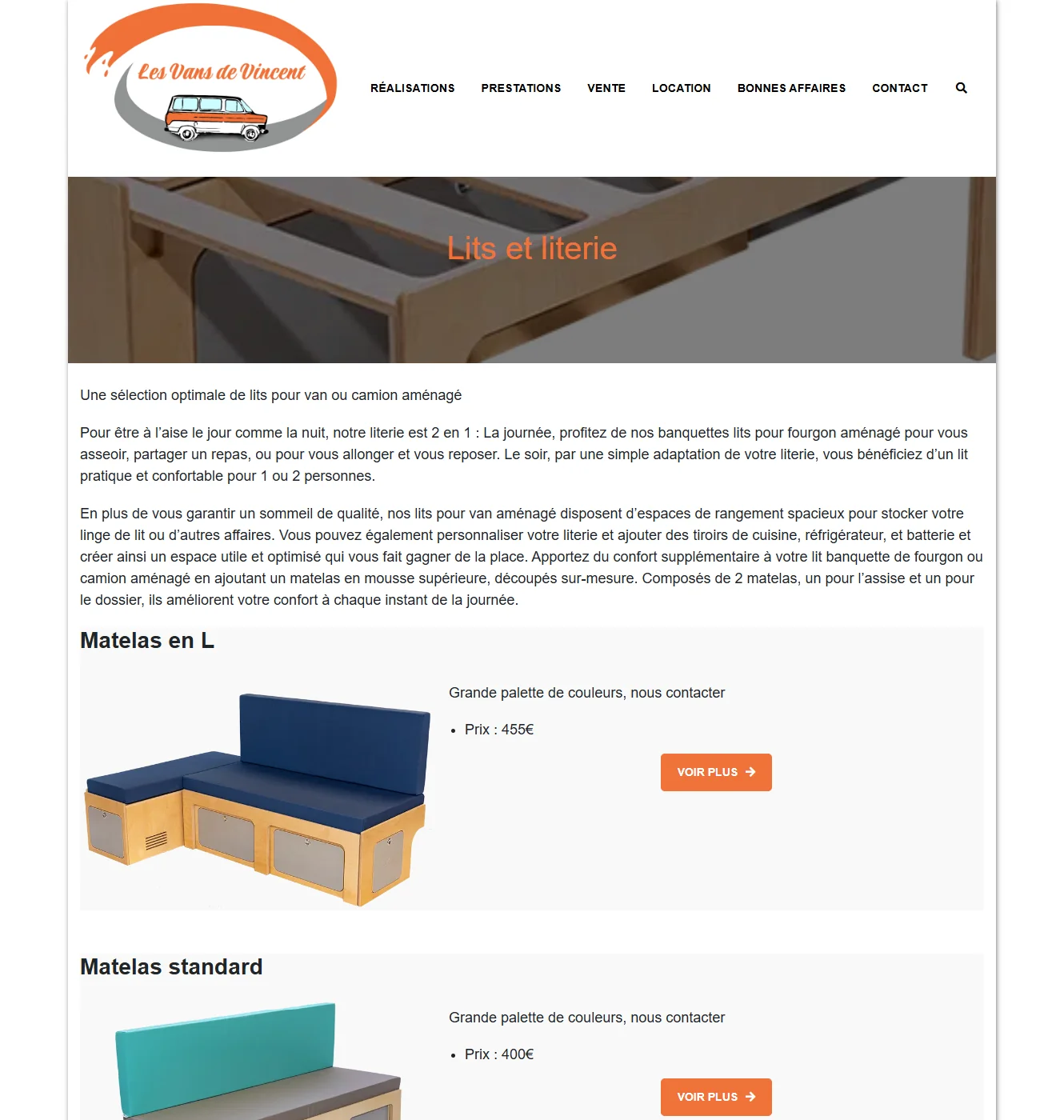 Page catalogue Lits et literie avec plusieurs modèles de matelas et lits peigne, dimensions, poids et prix