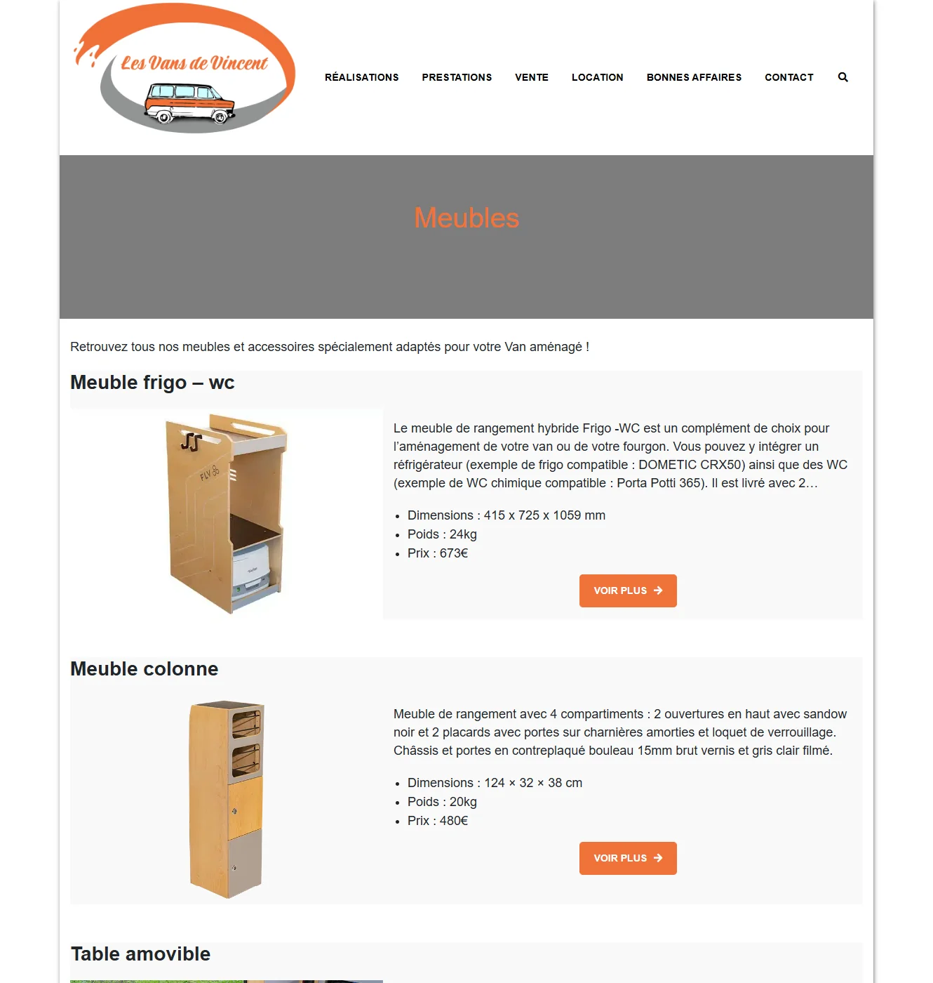 Page catalogue Meubles avec fiches produits (meuble frigo-wc, meuble colonne, table amovible...), dimensions, poids et prix