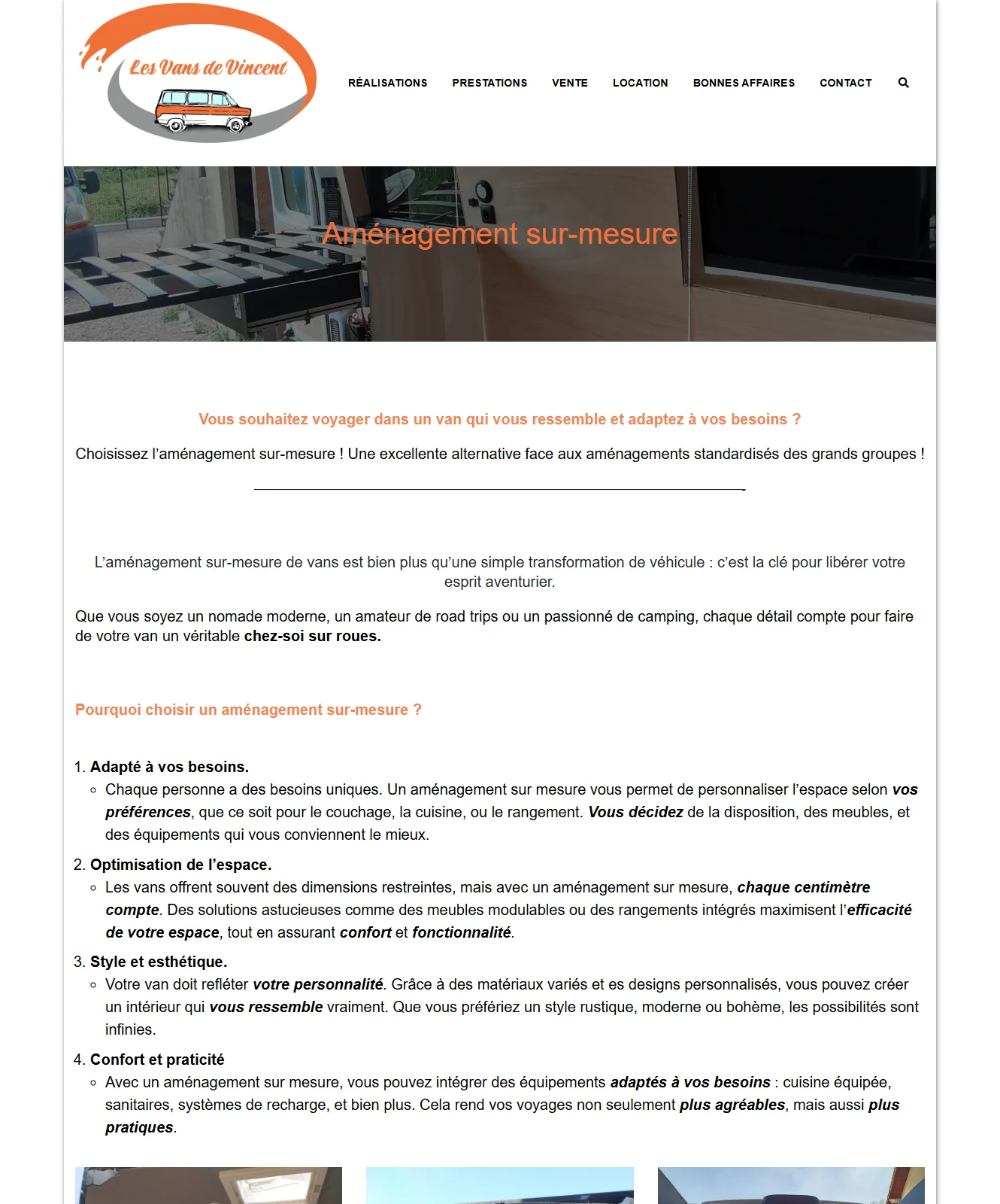 Page de présentation du service Aménagement sur-mesure, avec argumentaire en quatre points et photos d'aménagements réalisés