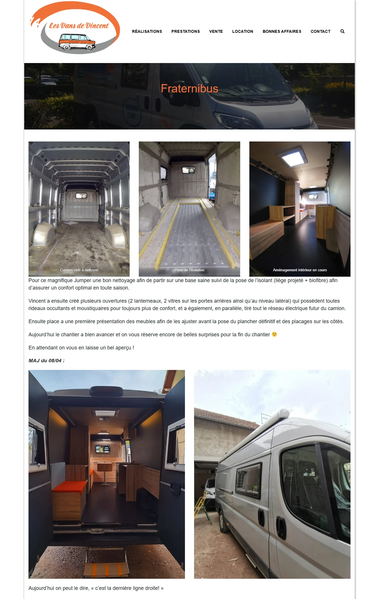 Fiche de réalisation « Fraternibus » en cours de chantier, avec photos avant/pendant travaux et une mise à jour « MAJ du 08/04 » ajoutée après la publication initiale
