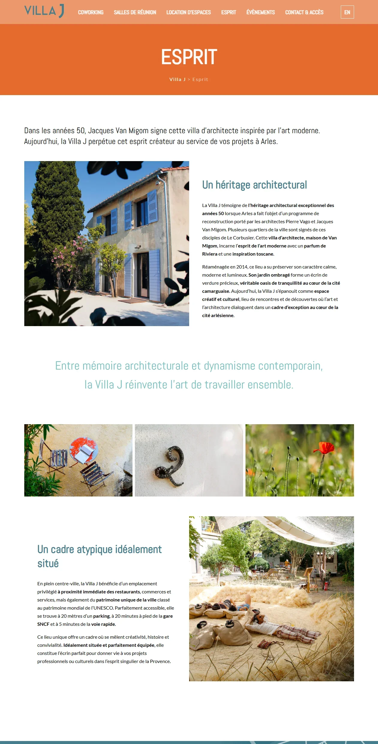 Page « Esprit » du site Villa J, avec photos du bâtiment et du jardin
