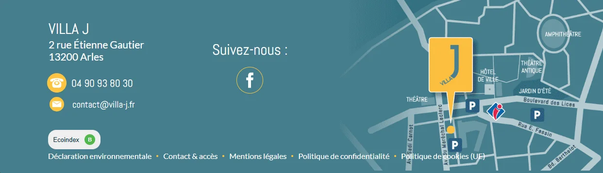 Pied de page du site Villa J, avec le badge EcoIndex B